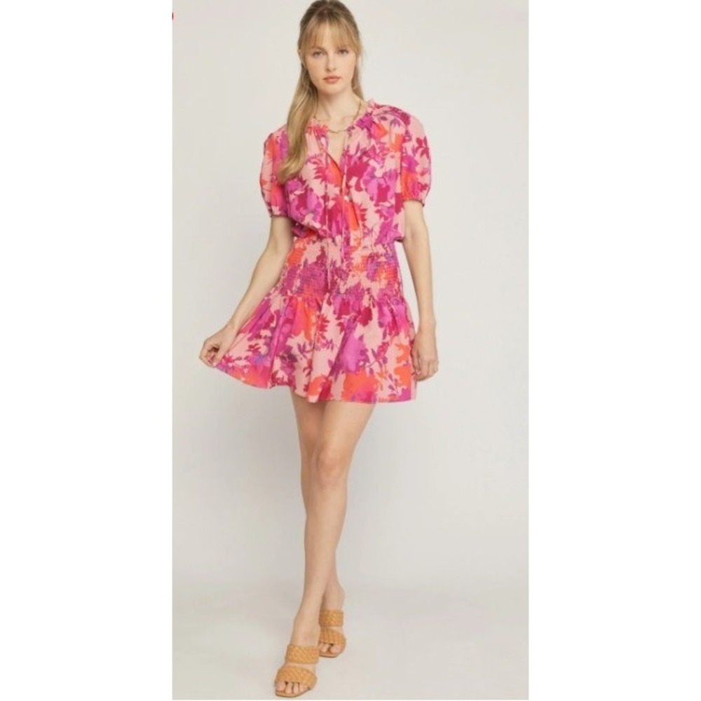 Entro Floral Mini Dress Womens MED Pink Red Smocked Waist Short Puff Sleeve EUC